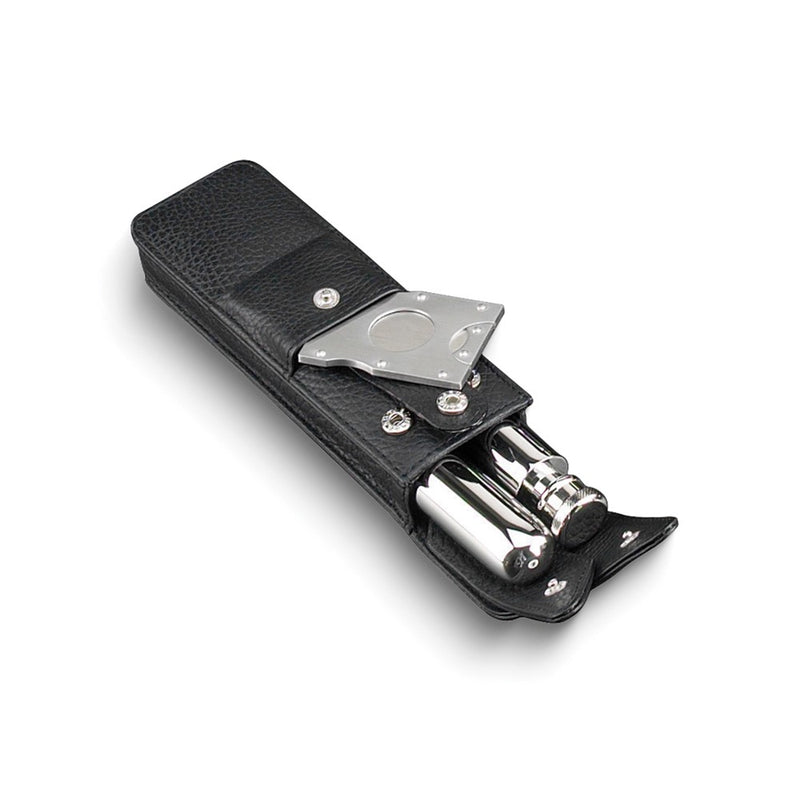 Stainless Flask and Cigar Case with Cutter In Black Leather Case