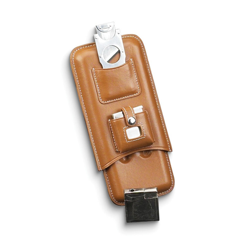 Brown Leather Three Cigar Travel Case with Stainless Steel Cutter and Lighter