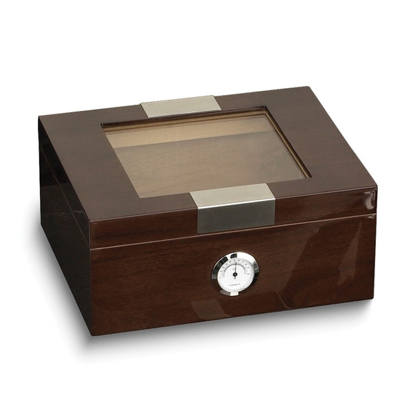 Lacquered Walnut Finish Wood Glass Lid 60-Cigar Humidor with Spanish Cedar Lining, External Hygrometer and Humistat