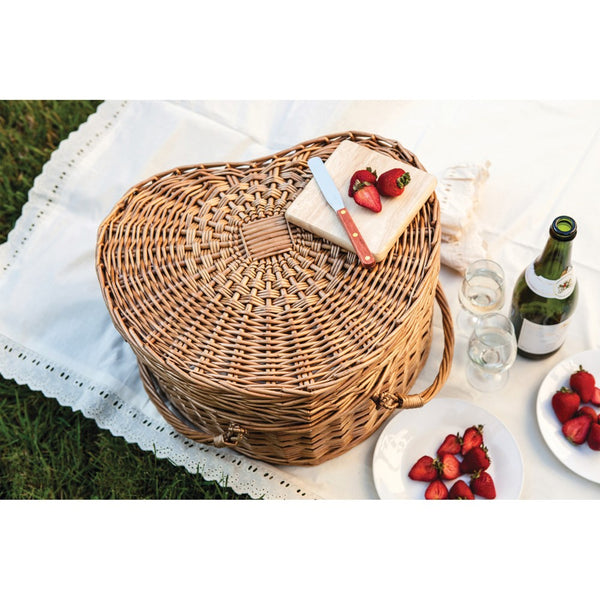 Willow Wedding Heart Picnic Basket with Ivory Lining and Deluxe Service for Two