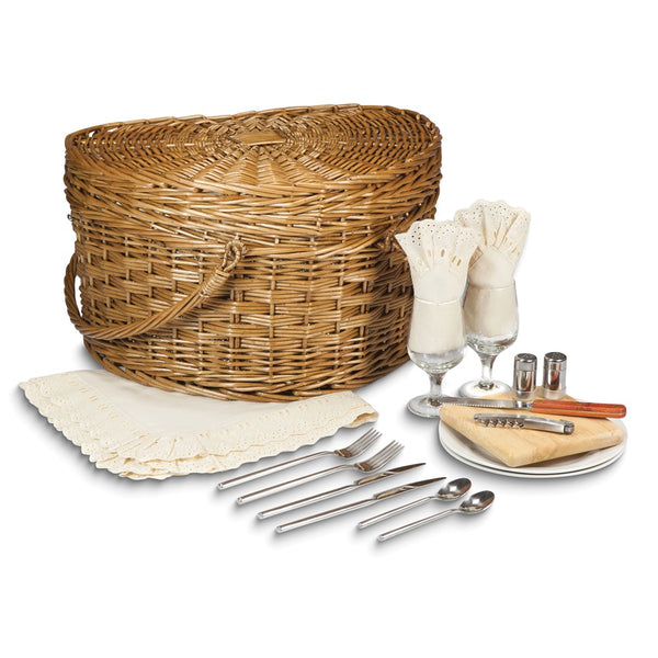 Willow Wedding Heart Picnic Basket with Ivory Lining and Deluxe Service for Two