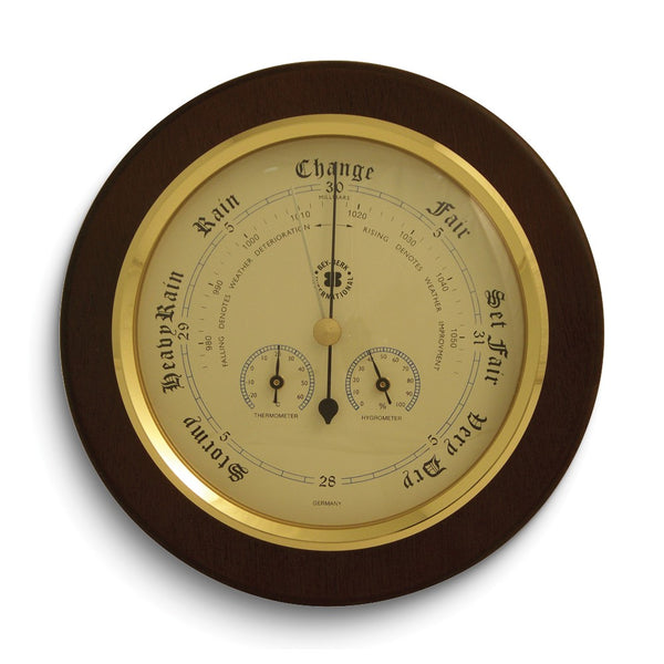 Brass and Cherry Wood Weather Station with Barometer, Thermometer, and Hygrometer