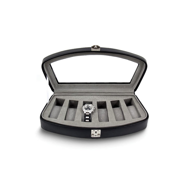 Black Leather 6 Watch Case with Glass Top and Lock