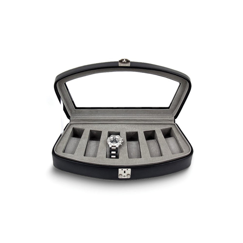Black Leather 6 Watch Case with Glass Top and Lock
