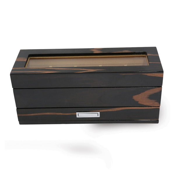 Lacquered Ebony Finish Wood w/Glass Top and Drawer 5 Watch Box