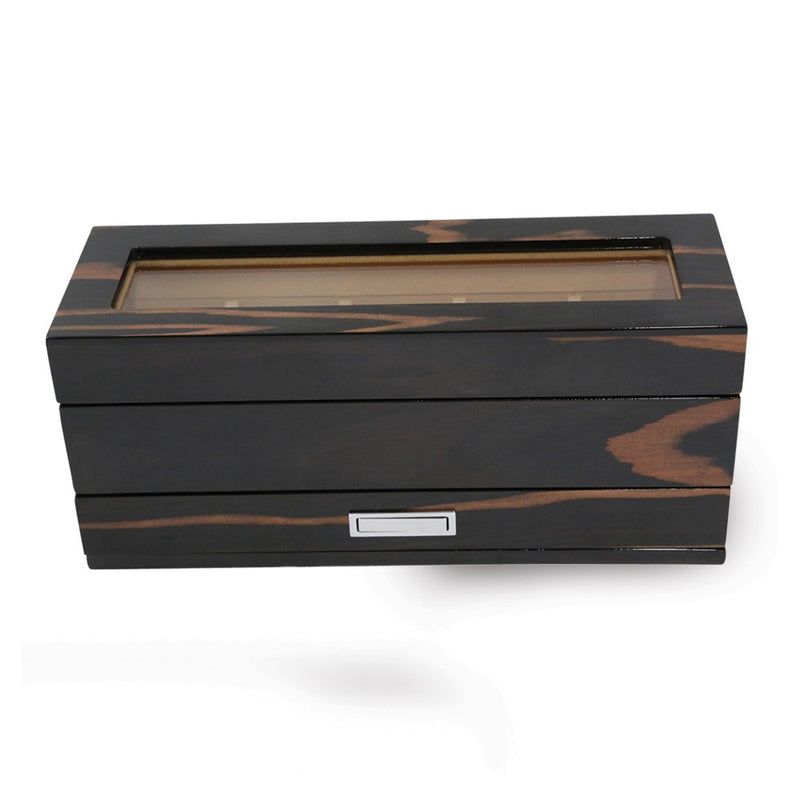 Lacquered Ebony Finish Wood w/Glass Top and Drawer 5 Watch Box