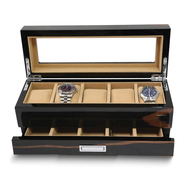 Lacquered Ebony Finish Wood w/Glass Top and Drawer 5 Watch Box
