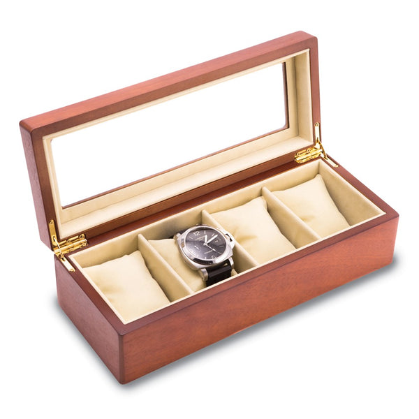 Matte Cherry Finish Glass Lid Velour Lined Wooden 4-Watch Case