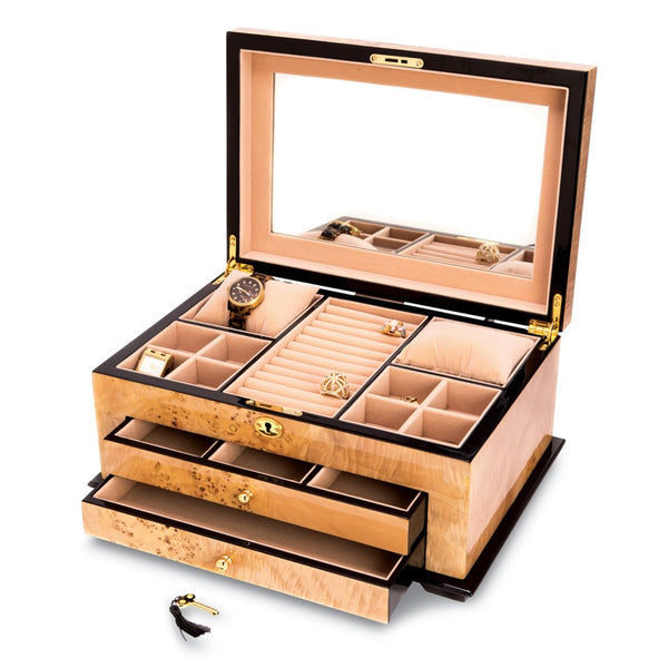 Birdseye Maple Lacquered Wood 3 Level Jewelry Box