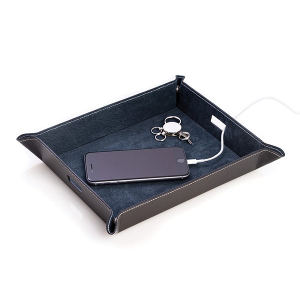 Black Leather Valet and Charging Station w/Pig Skin Leather Lining