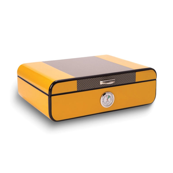 Carbon Fiber and Yellow Lacquered Wood 25-Cigar Humidor with Spanish Cedar Lining, Humistat and Digital Hygrometer