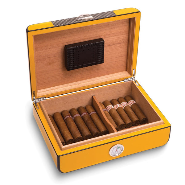Carbon Fiber and Yellow Lacquered Wood 25-Cigar Humidor with Spanish Cedar Lining, Humistat and Digital Hygrometer