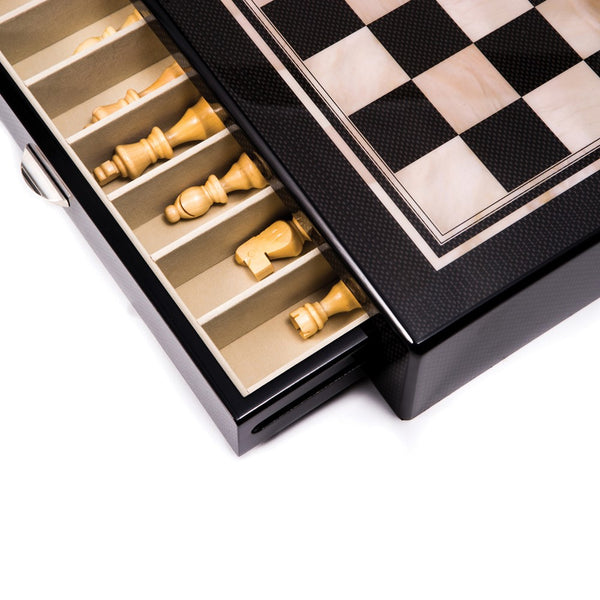 Carbon Fiber and Mother of Pearl Design Chess Set with Accessory Drawers for Chessmen