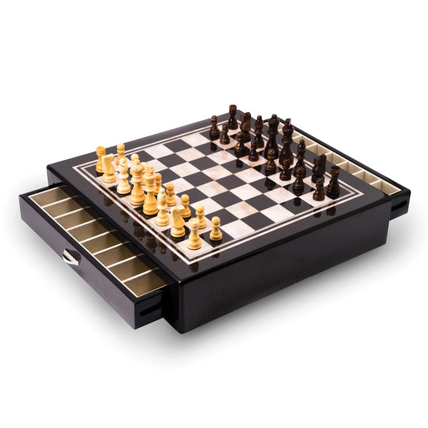 Carbon Fiber and Mother of Pearl Design Chess Set with Accessory Drawers for Chessmen