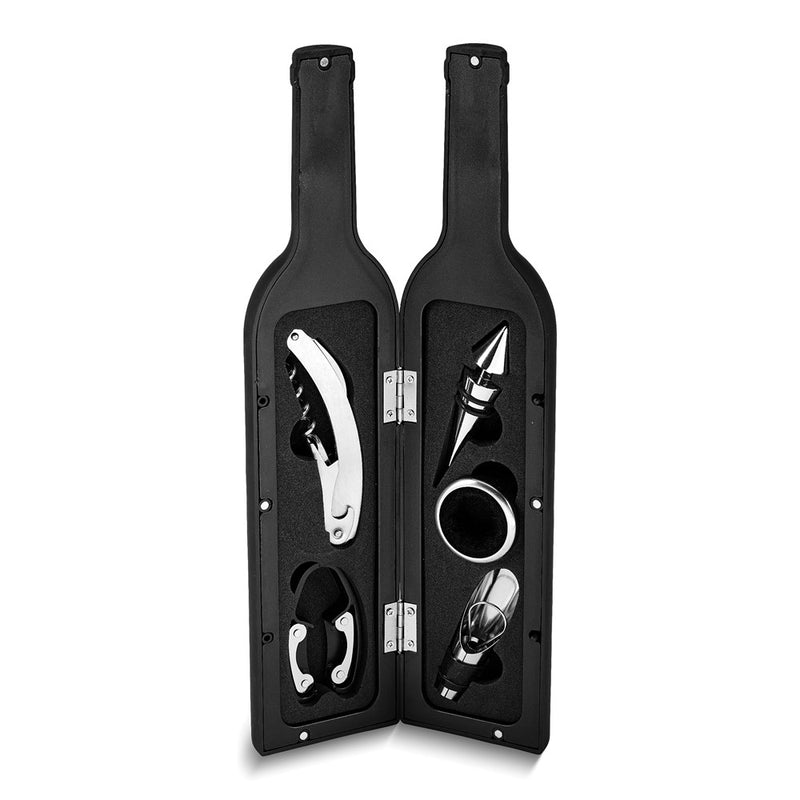 Executive Wine Bottle-Shaped Storage Case with Five Piece Wine Tools - Includes Waiter's Tool with Corkscrew, Bottle Stopper, Foil Cutter, Drip Collar and Wine Spout with Stopper