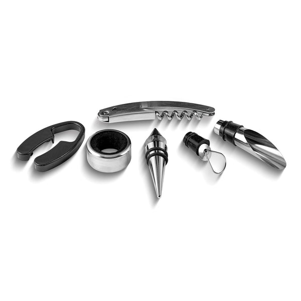 Executive Wine Bottle-Shaped Storage Case with Five Piece Wine Tools - Includes Waiter's Tool with Corkscrew, Bottle Stopper, Foil Cutter, Drip Collar and Wine Spout with Stopper