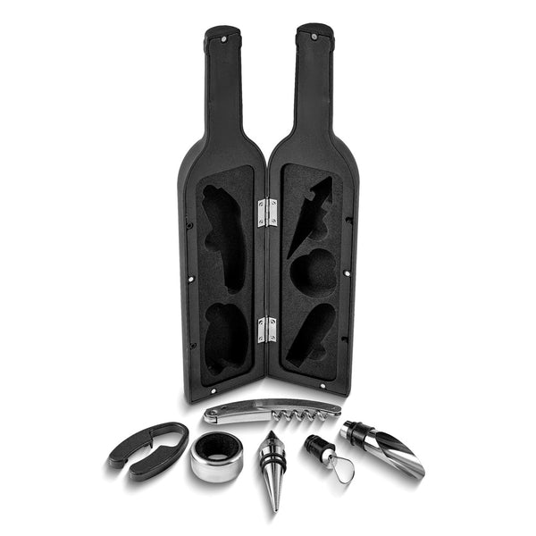 Executive Wine Bottle-Shaped Storage Case with Five Piece Wine Tools - Includes Waiter's Tool with Corkscrew, Bottle Stopper, Foil Cutter, Drip Collar and Wine Spout with Stopper