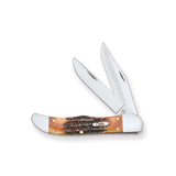 Case Bone Stag Handle Folding Hunter Pocket Knife with Tru-Sharp Stainless Steel Blades and Leather Sheath