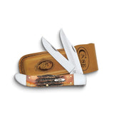 Case Bone Stag Handle Folding Hunter Pocket Knife with Tru-Sharp Stainless Steel Blades and Leather Sheath