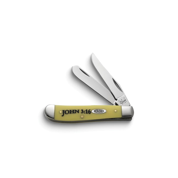 Case Mini Trapper Yellow Synthetic Handle John 3:16 Pocket Knife with Tru-Sharp Stainless Steel Blades