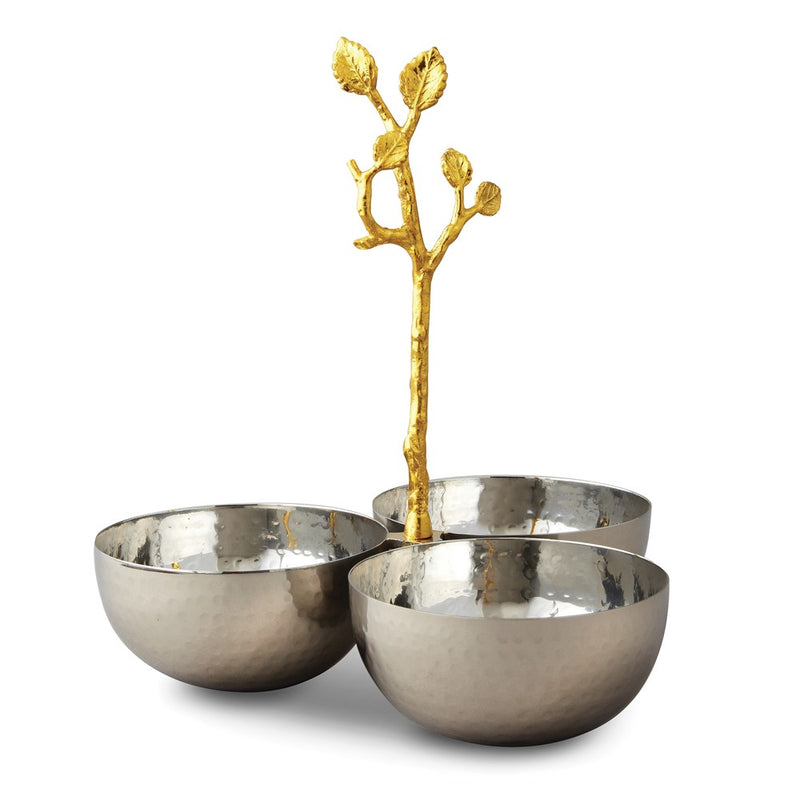 Hammered Stainless Steel with Golden Vine Handle Triple Bowl