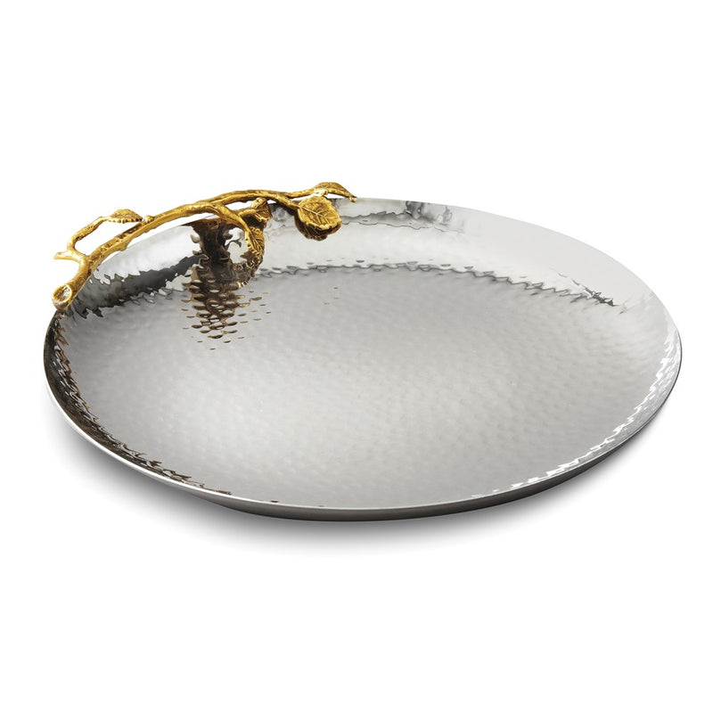 Hammered Stainless Steel with Golden Vine Trim Round Tray