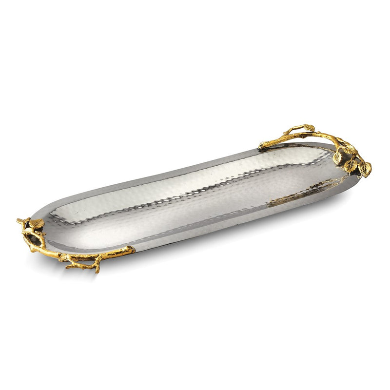 Hammered Stainless Steel with Golden Vine Handles Narrow Oval Tray