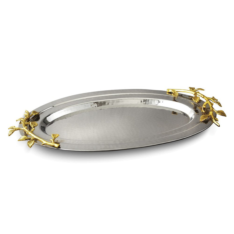Hammered Stainless Steel with Golden Vine Handles Oval Tray