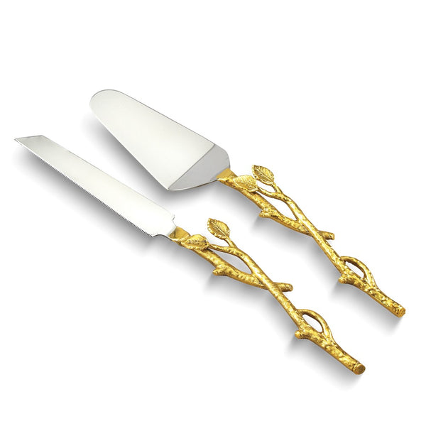 Stainless Steel with Golden Vine Handles Cake Knife and Server Set