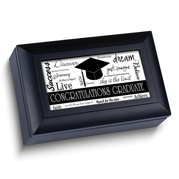 Graduation Sentiment Black Finish Resin Black Cap Music Box