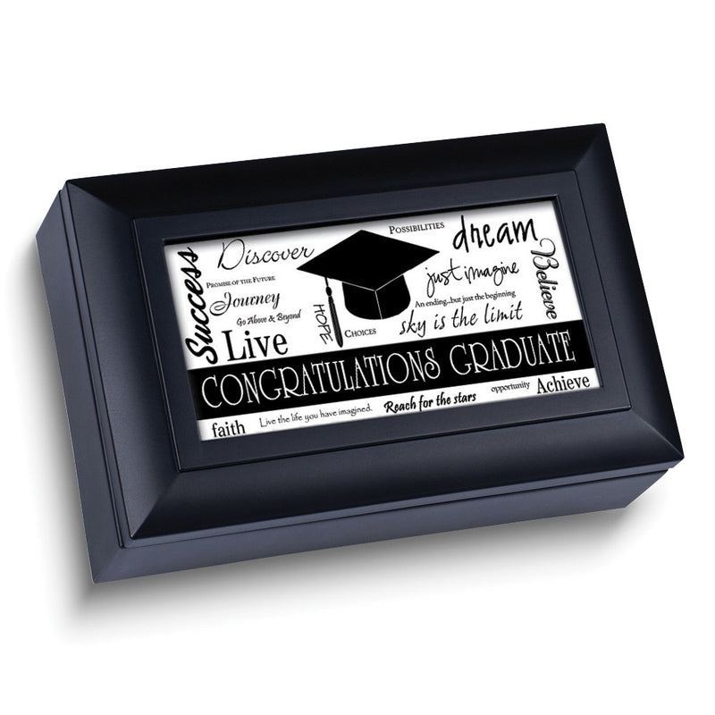 Graduation Sentiment Black Finish Resin Black Cap Music Box