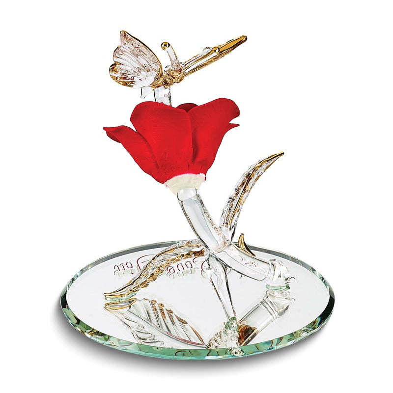 Glass Baron I LOVE YOU Red Rose with Butterfly Handcrafted Glass Figurine