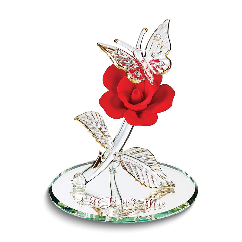Glass Baron I LOVE YOU Red Rose with Butterfly Handcrafted Glass Figurine