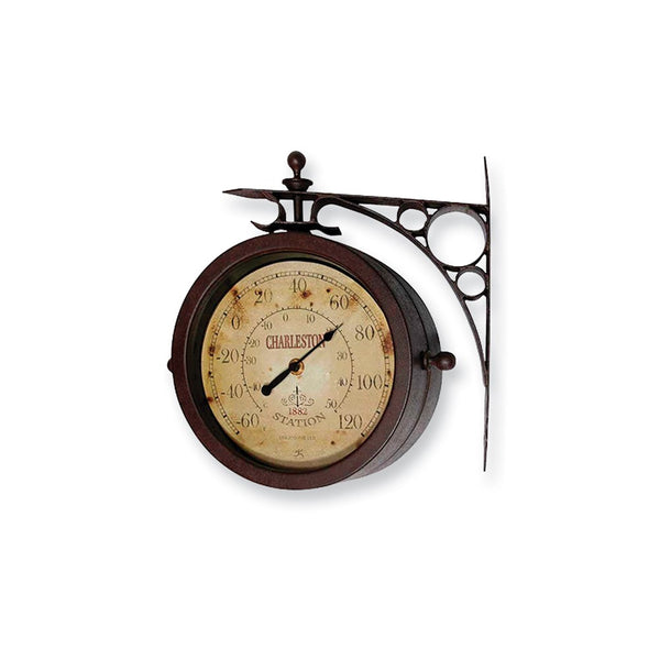 The Charleston Indoor and Outdoor Metal Thermometer/Clock with Bracket Mounting