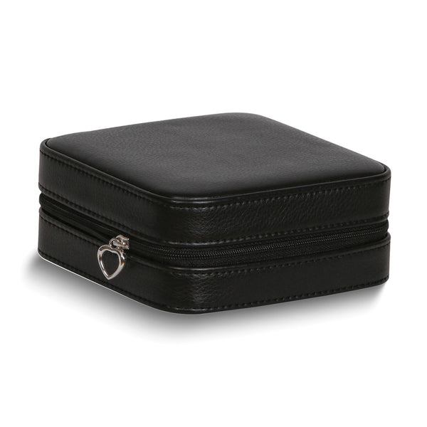 Black Faux Leather Multiple Compartment Travel Jewelry Case w/ Zip Closure