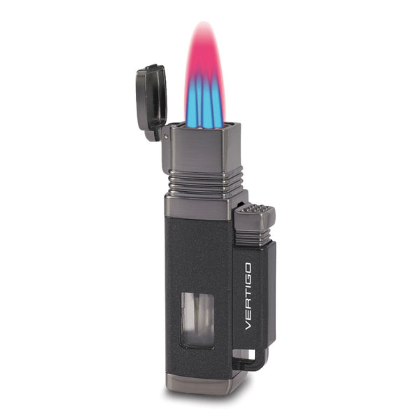 Vertigo Churchill Metallic Black and Brushed Gunmetal Colorful Quad Flame Torch Lighter with Fold-out Cigar Punch