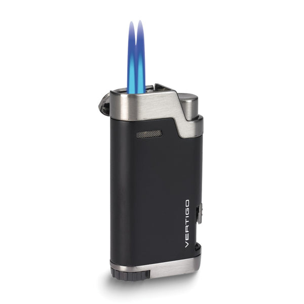 Vertigo Bullet Black Matte and Brushed Gunmetal Twin Flame Torch Lighter with Retractable Cigar Punch