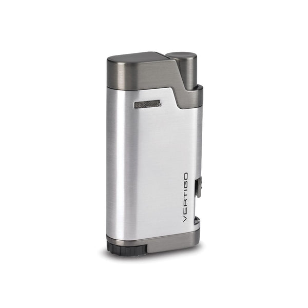 Vertigo Bullet Brushed Chrome and Brushed Gunmetal Twin Flame Torch Lighter with Retractable Cigar Punch