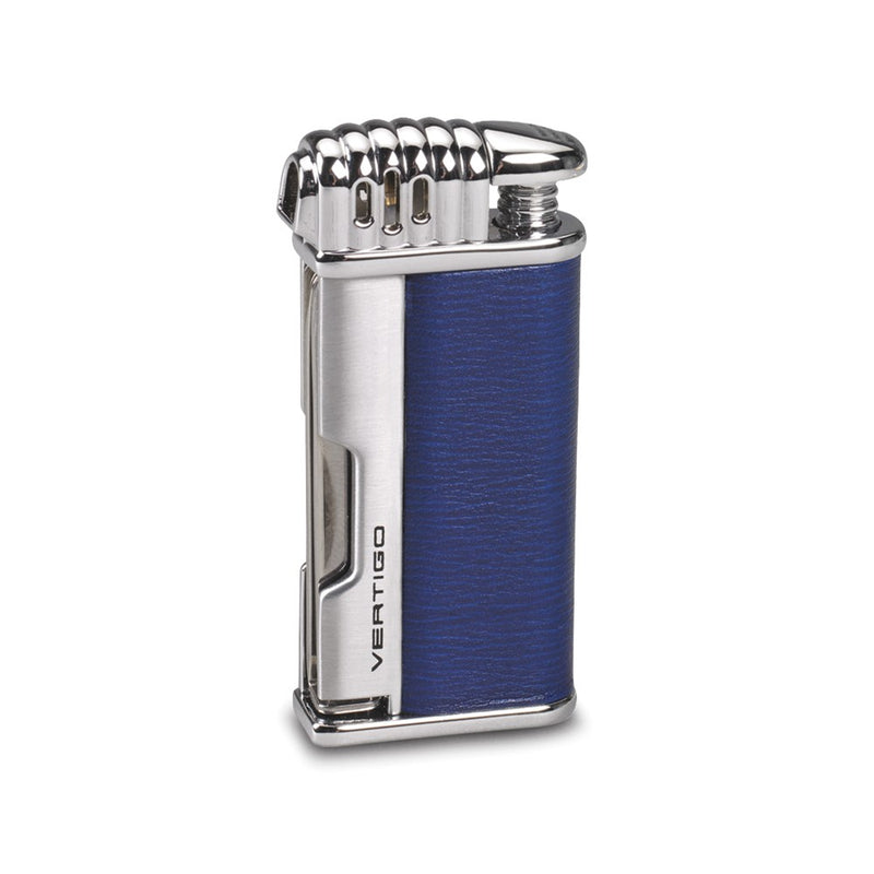 Vertigo Puffer Matte Blue and Polished/Brushed Chrome Horizontal Flame Soft Grip Pipe Lighter with Fold-out Pipe Tamper/Reamer/Scraper