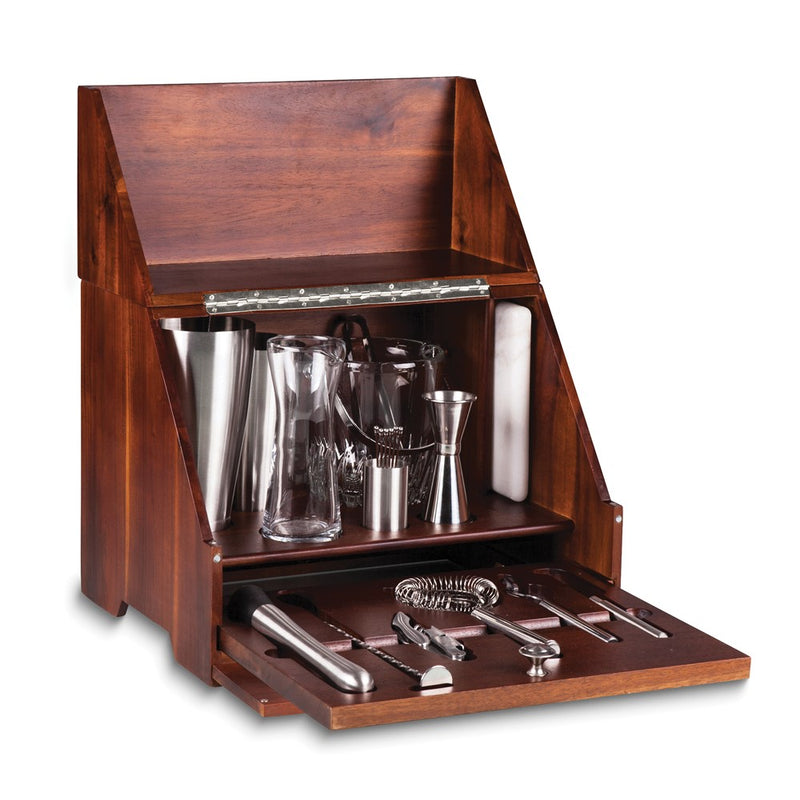 Madison Cherry Finish Wood Tabletop Bar w/Stainless Steel Tools, Glass Ice Bucket and Mixing Glass, Marble Cutting Board
