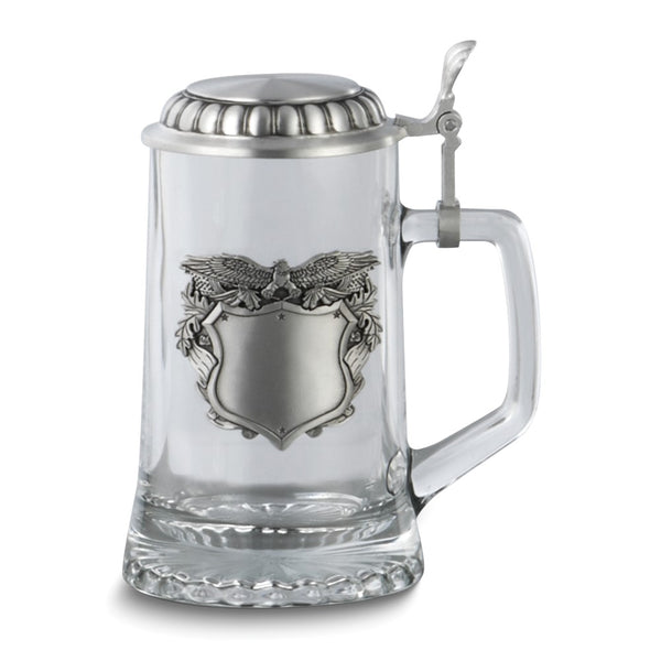 13.5 ounce Glass Stein with Patriotic Eagle Pewter Badge and Removable Pewter Lid