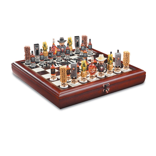 Jack Daniel's Hand Finished Wooden Lynchburg Chess Set with Cast Resin Detailed Chessmen That Store Inside Board