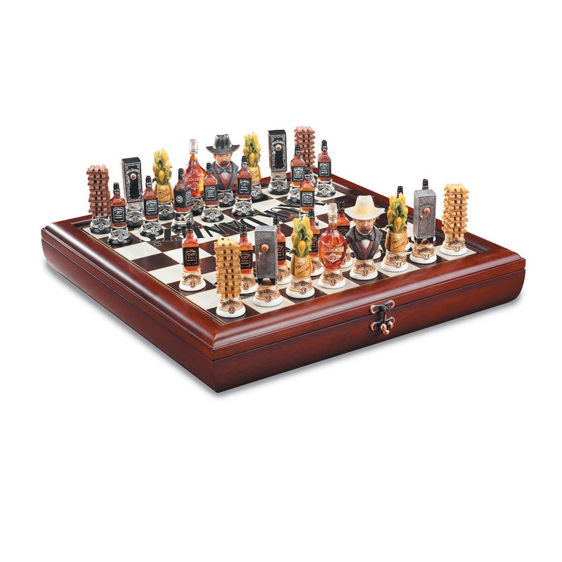 Jack Daniel's Hand Finished Wooden Lynchburg Chess Set with Cast Resin Detailed Chessmen That Store Inside Board