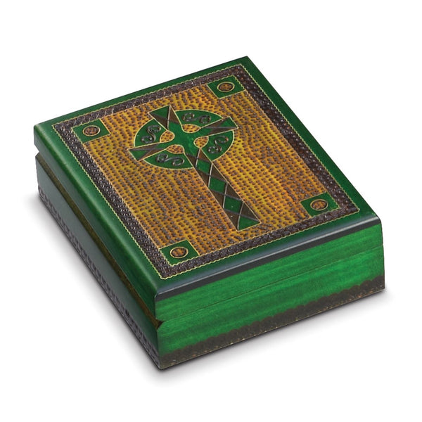 Handcrafted Carved Wood Green Celtic Cross Box