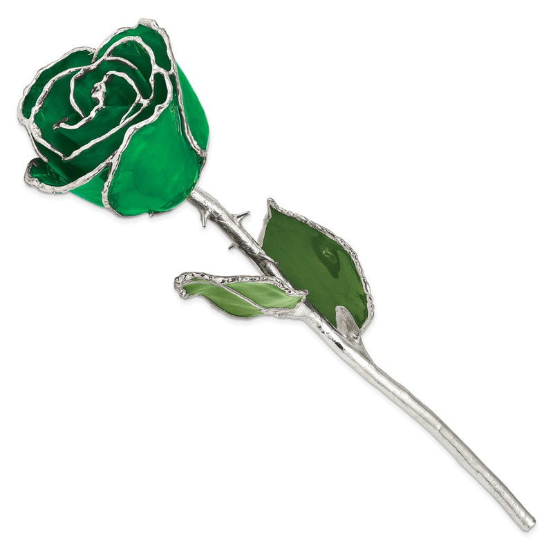 Green Lacquer Dipped Silver Trimmed Real Rose