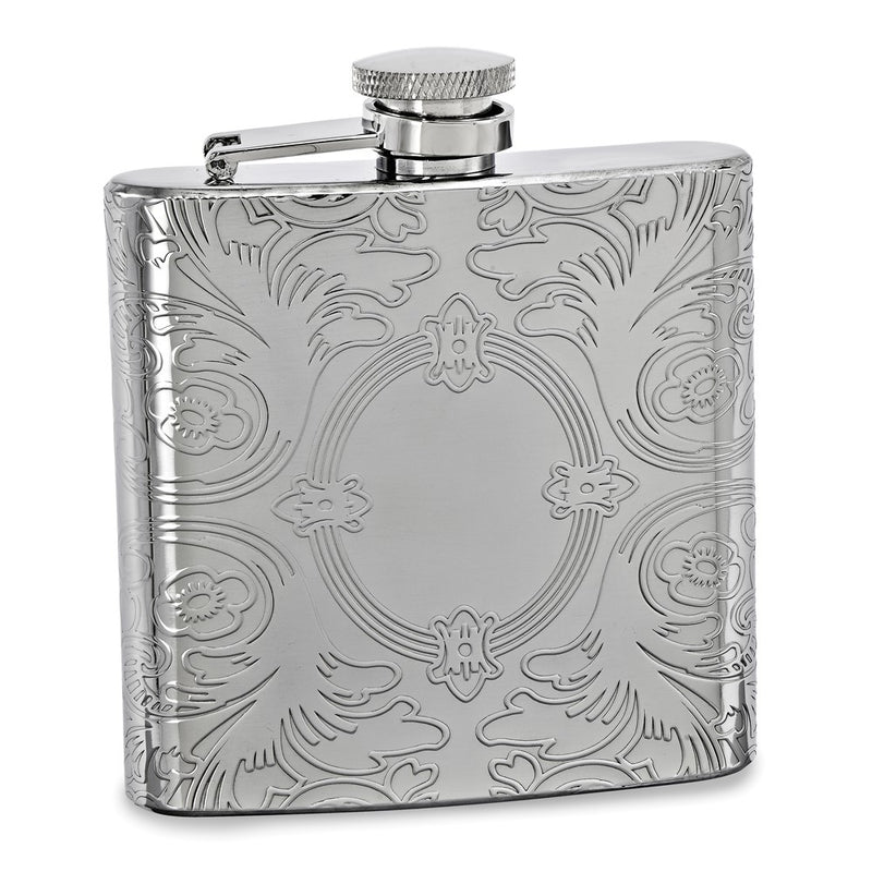 Silver-tone 6 ounce Engravable Oval Etched Design Flask