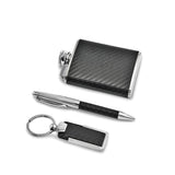 Faux Leather Accented Key Ring, Pen and Flask Gift Set
