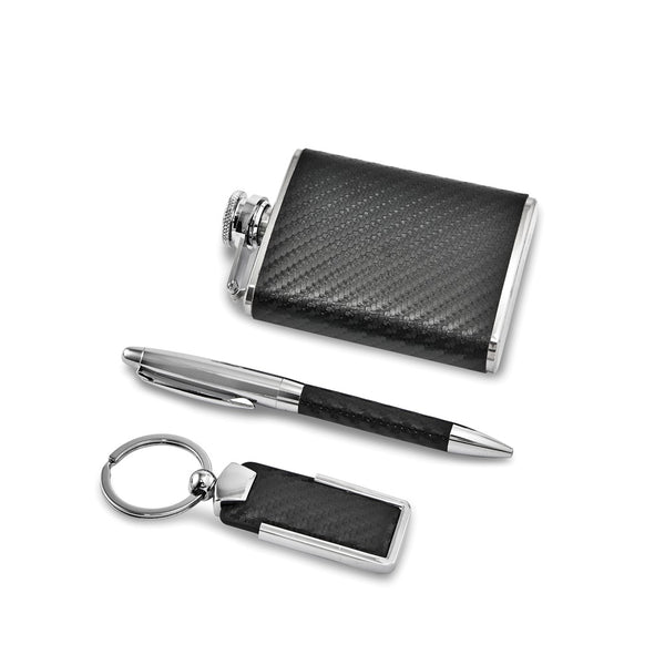 Faux Leather Accented Key Ring, Pen and Flask Gift Set