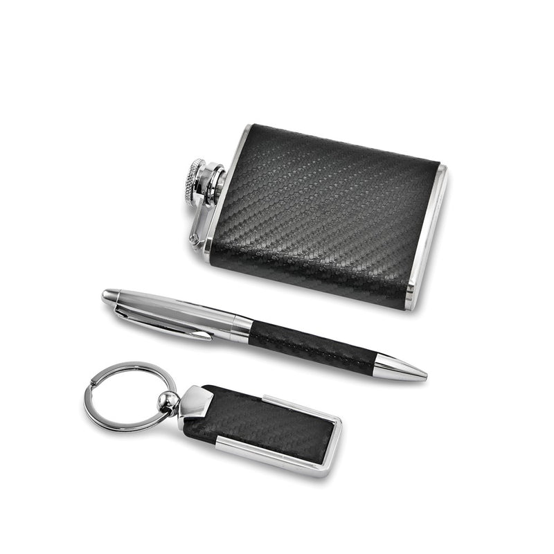Faux Leather Accented Key Ring, Pen and Flask Gift Set