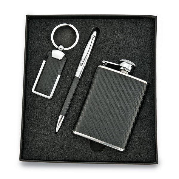 Faux Leather Accented Key Ring, Pen and Flask Gift Set